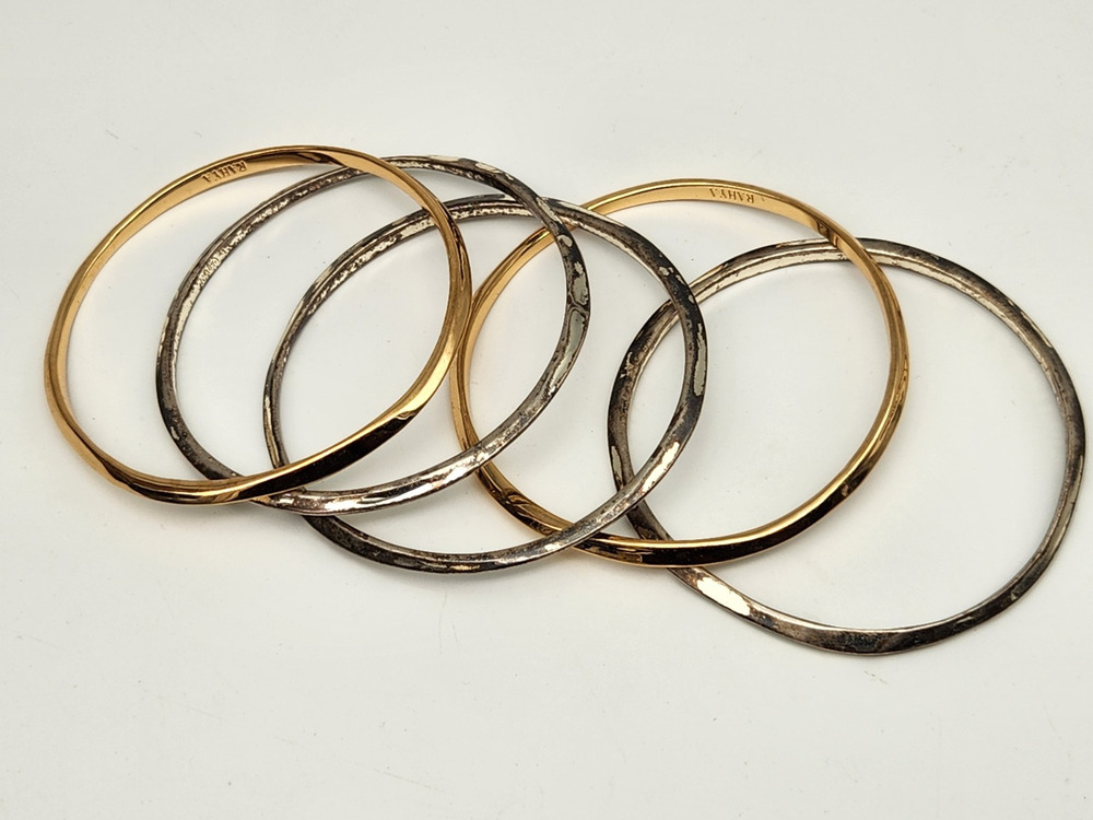 RAHYA Hammered Gold/Silver Tone Bangle Bracelets Set of 5 Designer 7.75"